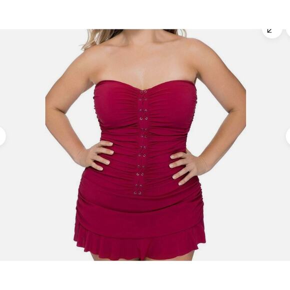 Profile by Gottex Women's Raspberry Ruched One Piece Moto Swimsuit Swim Dress 10 - Picture 1 of 9